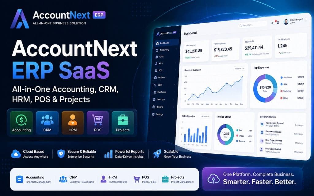 AccountNext ERP SaaS – All-in-One Accounting, CRM, HRM, POS & Projects — project case study by Fahad Bangash